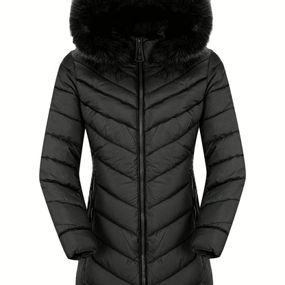 Zip-up Faux Fur Trim Hoodie Puffy Coat, Casual Thermal Long Sleeve Coat For Fall & Winter, Women's Clothing