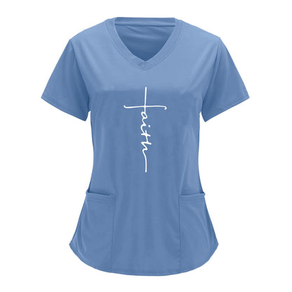 Light blue V-neck scrubs top with "faith" letter print, short sleeves, and practical patch pockets for health care professionals.