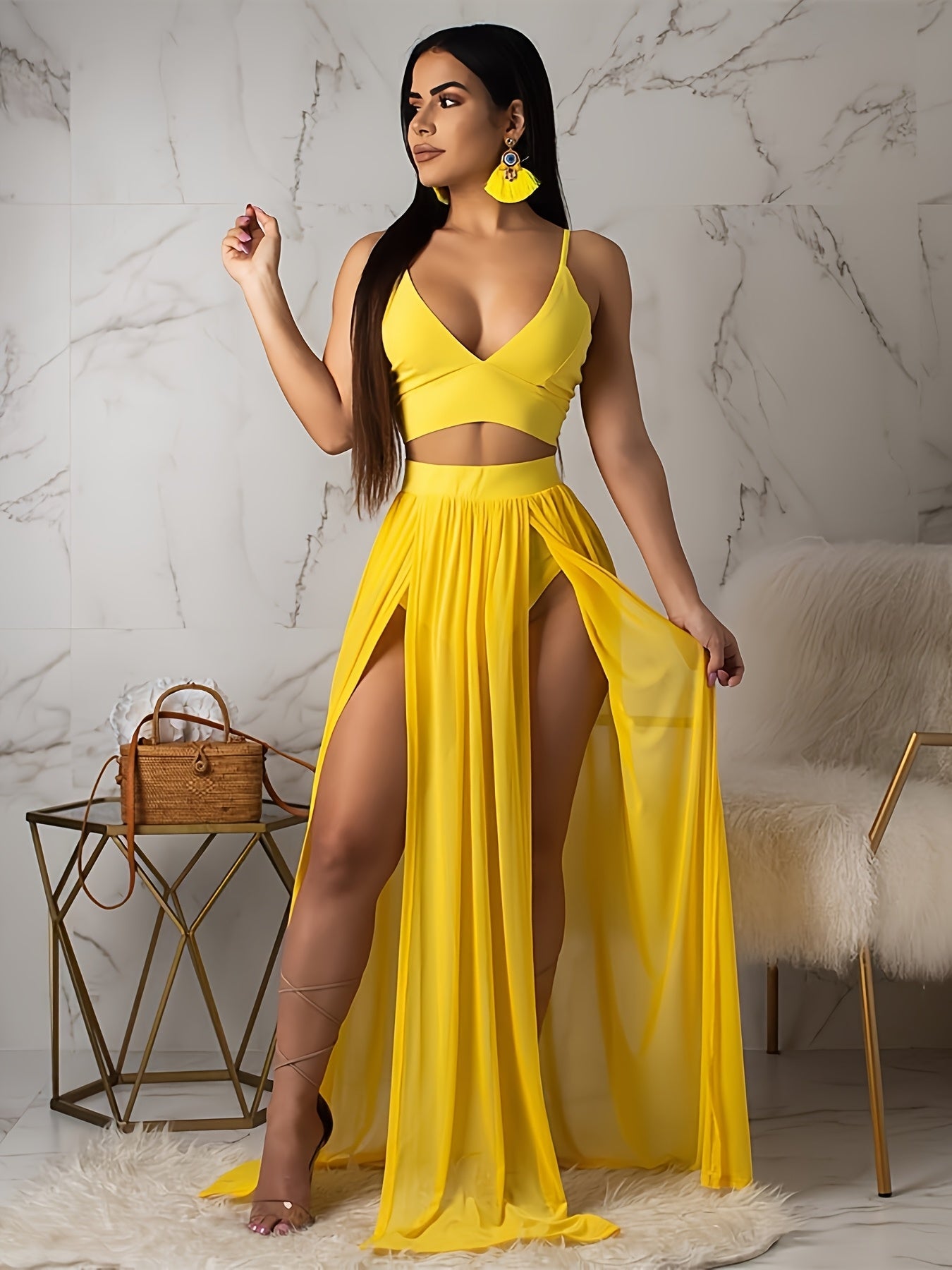 Women Sexy Dress 2pcs Skirt Outfits Strap Bra Crop Top & High Split Chiffon Skirt Goddess Dresses Set