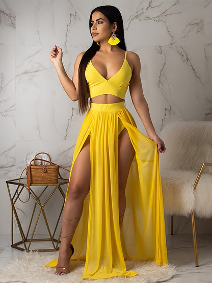 Women Sexy Dress 2pcs Skirt Outfits Strap Bra Crop Top & High Split Chiffon Skirt Goddess Dresses Set