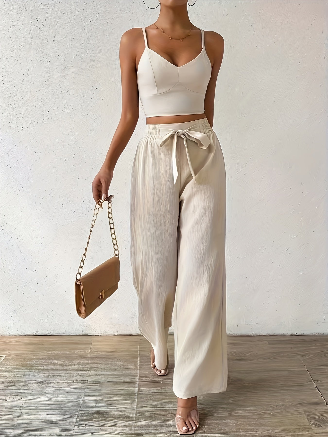 Women's Elegant Solid Color Polyester Off-Shoulder Top and Wide Leg Pants Set