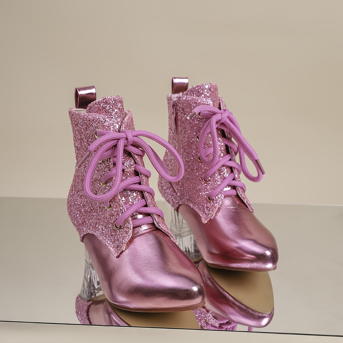 Botines con parches de lentejuelas para mujer, punta puntiaguda moderna, cierre de cremallera, tacón de bloque medio, forro de tela
