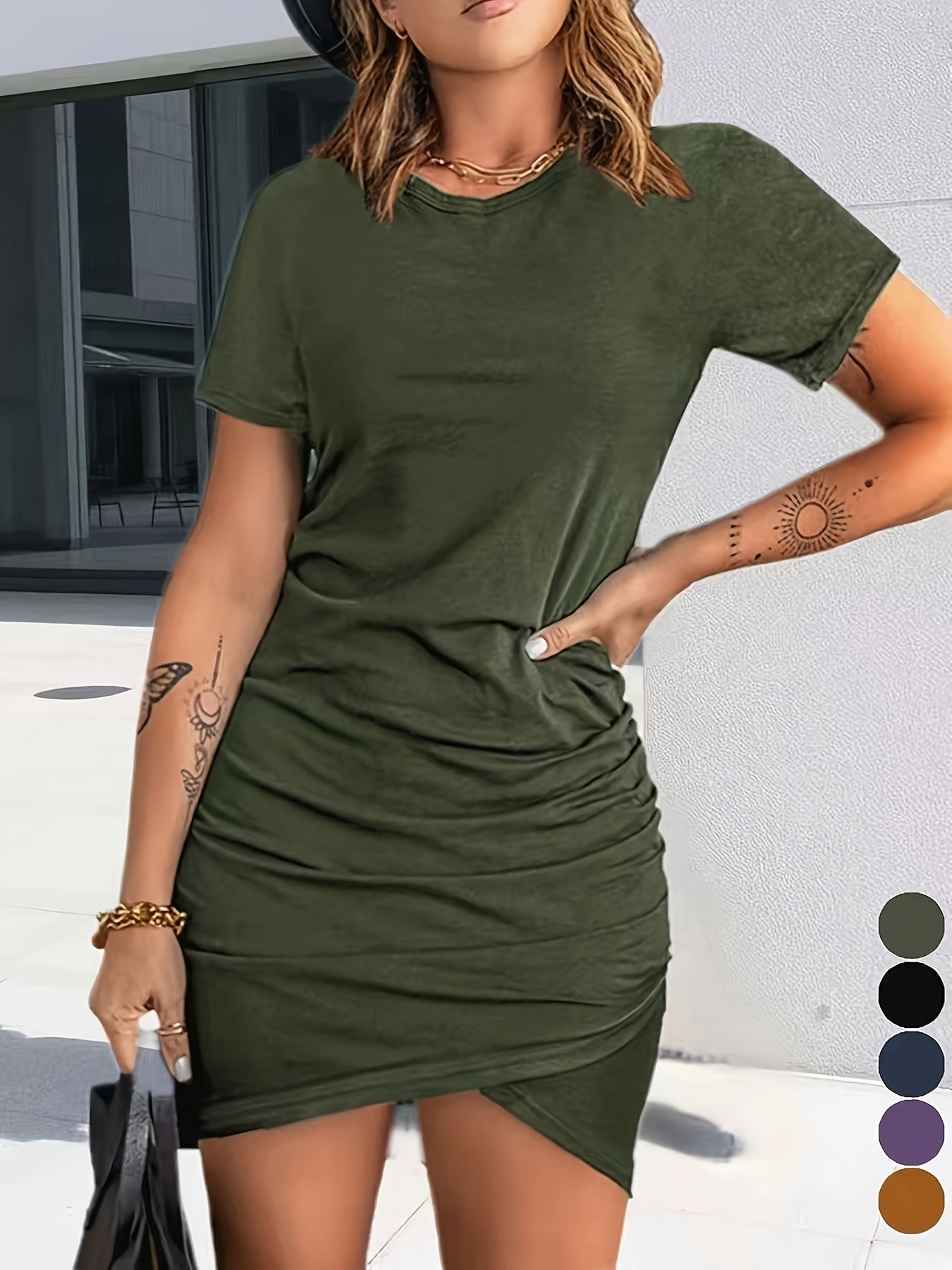 Women's Casual Short Sleeve Round Neck Dress - Stretchy Polyester Blend, Ruched Detail