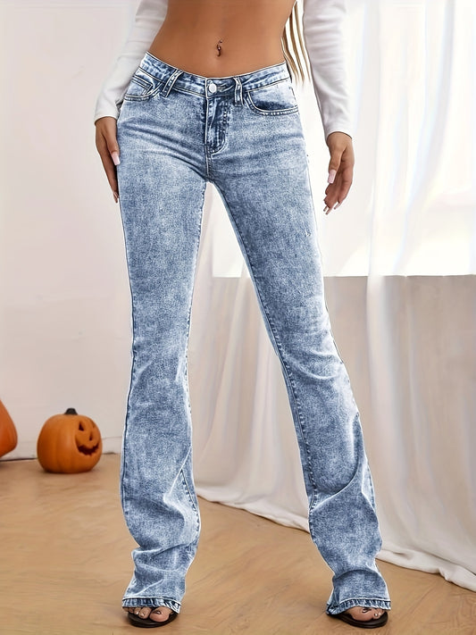 Pantalones de mezclilla estilo retro con pierna acampanada de talla grande: cintura alta, azul lavado, cierre de botón con cremallera, tela elástica cómoda - Jeans y ropa de mezclilla de moda para mujer