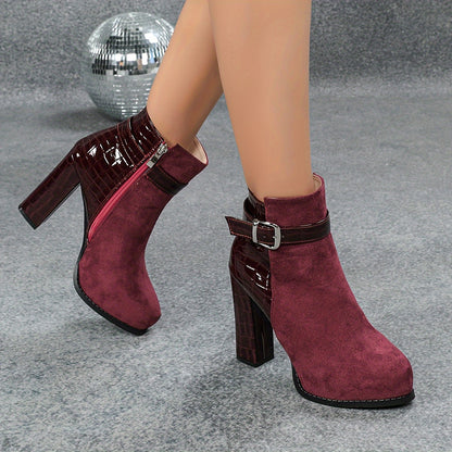 1pr Elegant Flannel Ankle Boots for Women - Solid Color Round Toe Zippered Comfort Boots with Block Heel, TPU Sole, and Flannel Lining for Winter - Motorcycle Style Short Boot with No Printing