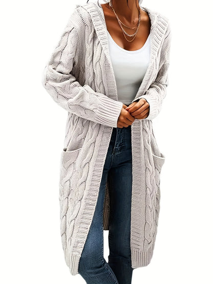 Plus Size Cozy Cardigan - Women's Solid Cable Long Sleeve Open Front Hooded Cardigan with Pockets for Casual Daily Wear