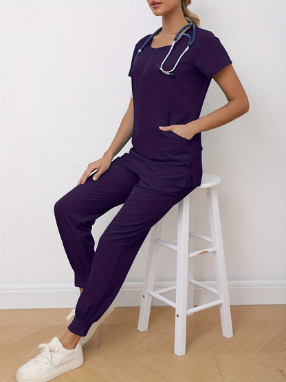 Cómodo conjunto de uniforme de enfermera: blusas quirúrgicas suaves con cuello redondo, bolsillos delanteros y pantalones con cordón para el hospital, ropa médica para mujer con tela transpirable y cintura ajustable