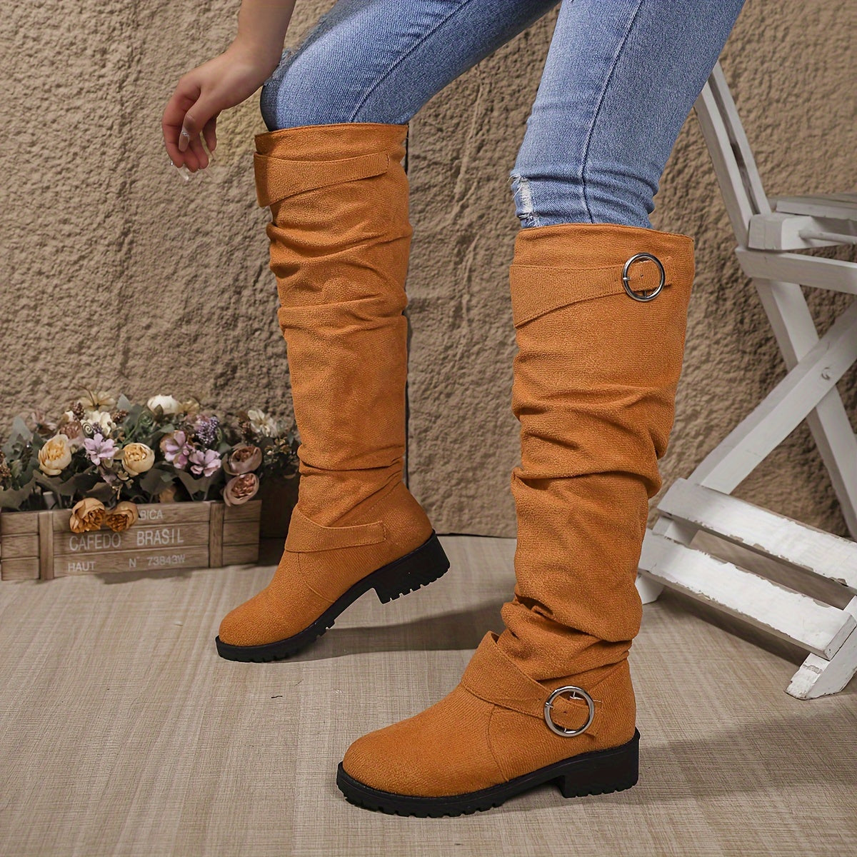 Botas altas hasta la rodilla elegantes y holgadas: botas de invierno cómodas para mujer con tacón grueso, forro de terciopelo, diseño fácil de poner para clima frío: perfectas para salidas informales y uso diario