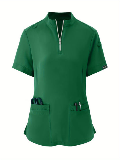 Stretchy Comfort Nurse Top - Soft, Breathable, Zipper Front, Short Sleeve, Relaxed Fit Health Care Uniform for Women - Ideal for Medical Professionals