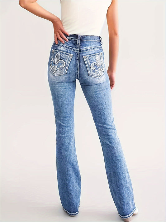 Women's High-Waisted Stretchy Jeans With Embroidery - LuxyXO