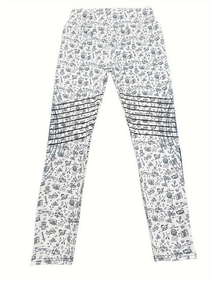 Leggings ajustados con estampado integral, leggings elásticos casuales de cintura alta, ropa para mujer