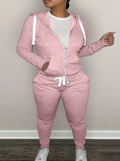 Plus Size Two Piece Outfit Set - Vibrant Solid Color, Cozy Long Sleeve, Adjustable Drawstring, Convenient Zipper Closure