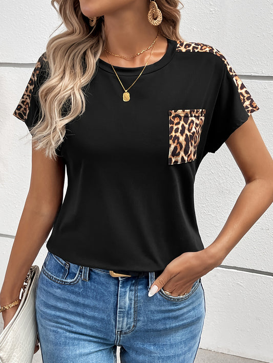 Camiseta de cuello redondo con estampado de leopardo: mangas cortas para un ajuste cómodo, camiseta informal de corte relajado, perfecta para estaciones cálidas, diseñada para la moda femenina