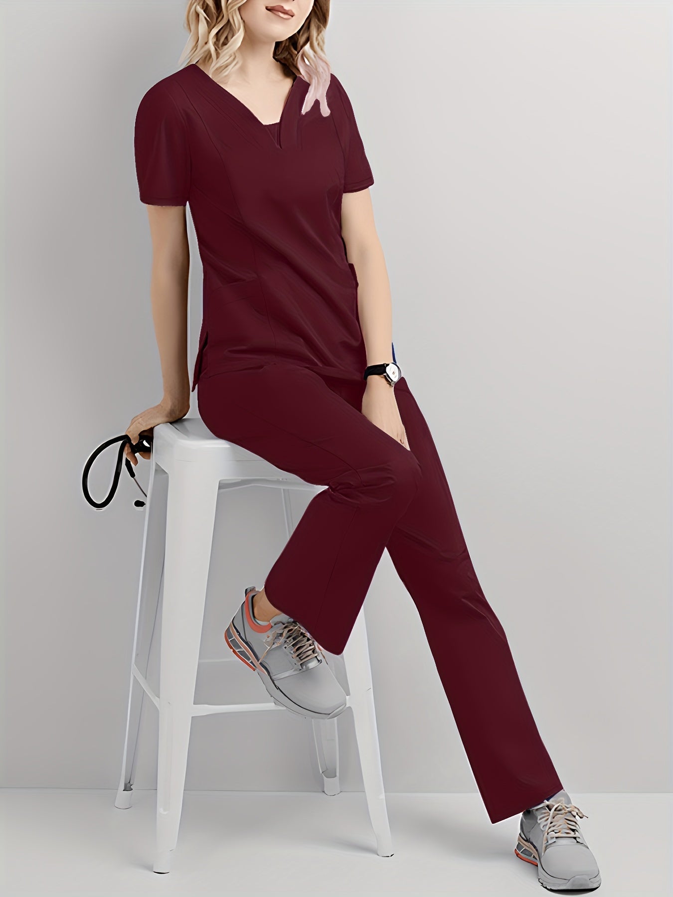 Women's Comfort-Fit Scrub Set – Two-Piece V-Neck Short Sleeve Top & Elastic Pants | Durable, Easy-Care Medical Uniforms for Healthcare Professionals