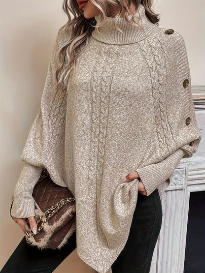 Cozy Cable Knit Turtle Neck Sweater - Soft, Elegant, and Warm Long Sleeve Sweater for Fall and Winter - Women's Clothing, Hanky Hem, Relaxed Fit, and Versatile Style