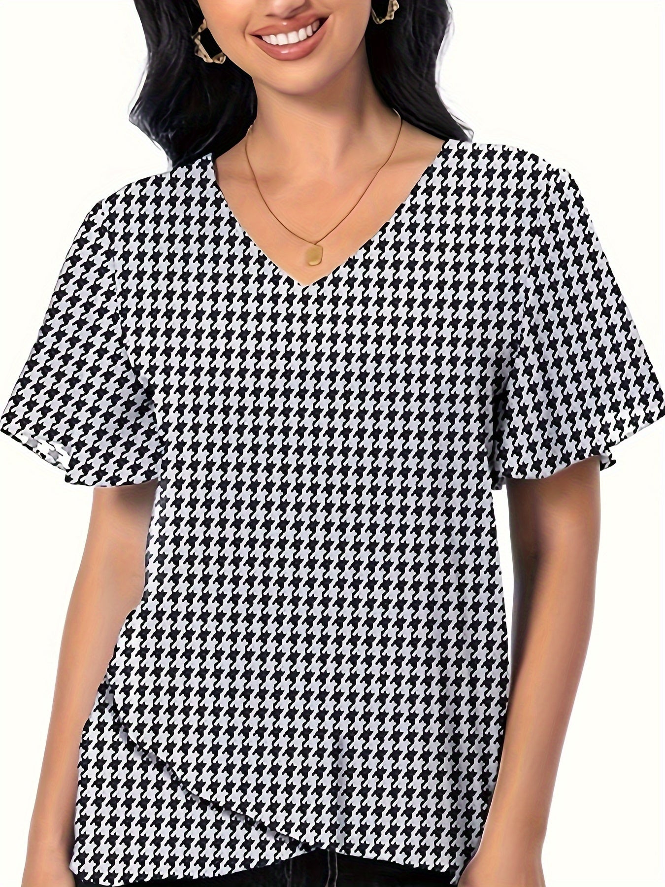 Blusa con escote en V y estampado de pata de gallo, elegante blusa con mangas con volantes para primavera y verano, ropa de mujer