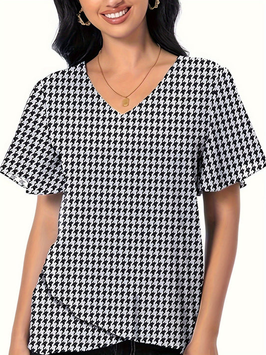 Houndstooth Print V Neck Blouse, Elegant Ruffle Sleeve Blouse For Spring & Summer, Women's Clothing