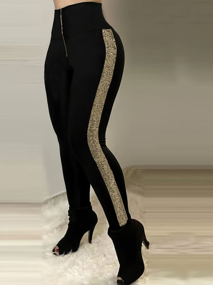 Women's Glam Sequin High-Waist Leggings - Stretchy, Zip Detail, Machine Washable - Perfect for All Seasons