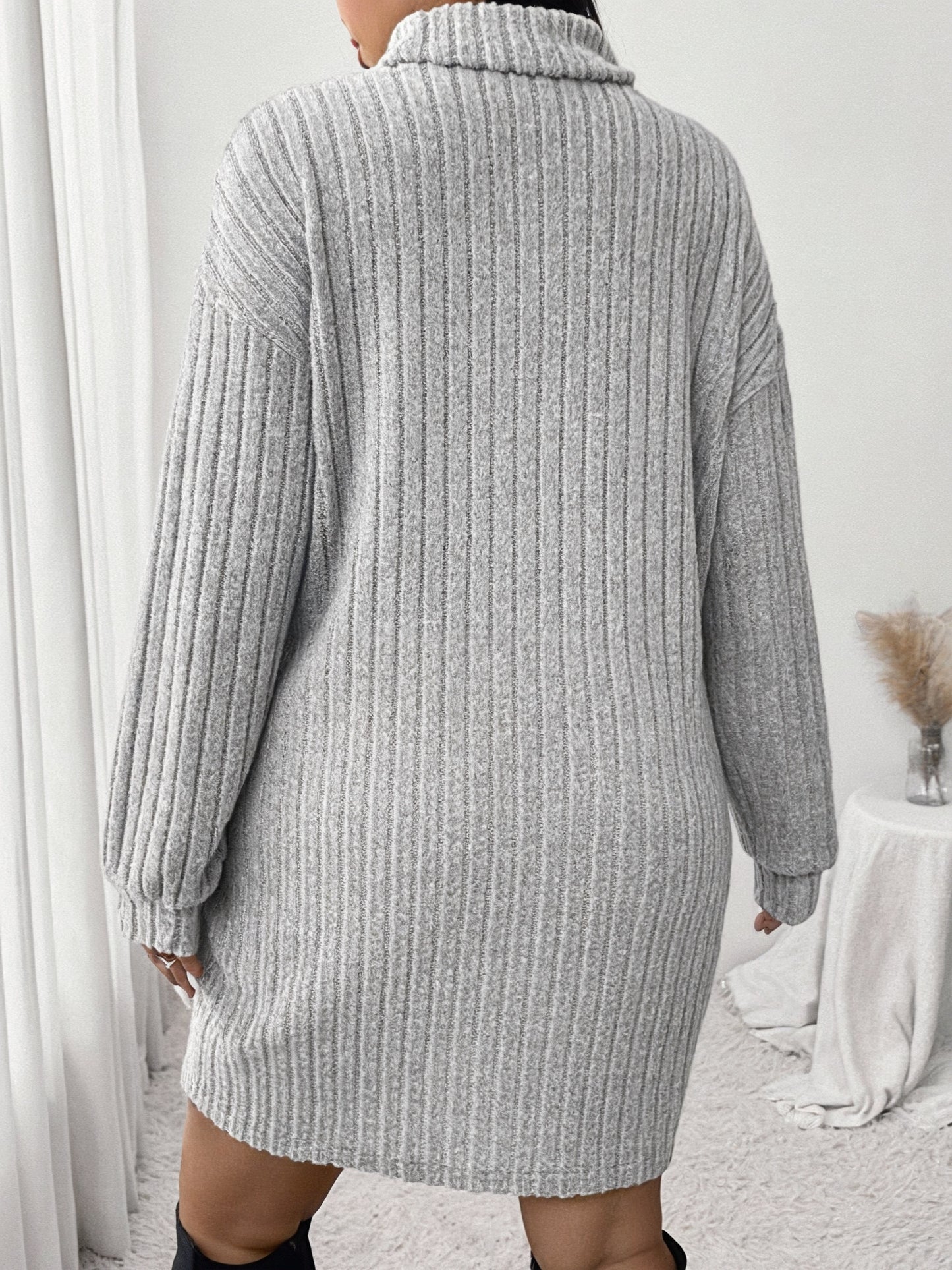 Women'S Plus Size High Neck Rib-Knit Knit Dress, Casual Long Sleeve Knee-Length Pullover