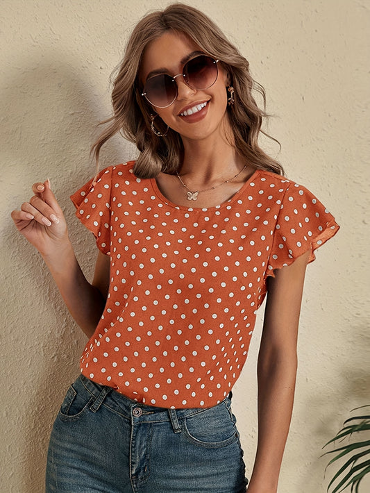 Delicate Pin-Dot Print Flutter Sleeve Blouse - Lightweight & Feminine Crew Neck Top for Spring & Summer - A Trendy Casual Wardrobe Essential for Women