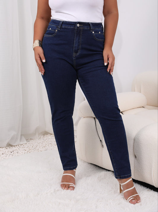 Jeans elásticos de tiro alto de talla grande para mujer: color sólido, bragueta con botones, ajuste cómodo, corte favorecedor y tela suave: perfectos para uso informal diario