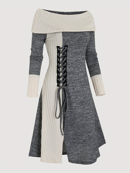 Color Block Textured Off Shoulder Aline Dress, Vintage Cross Tie Front Swing Dress For Spring & Fall, Women's Clothing