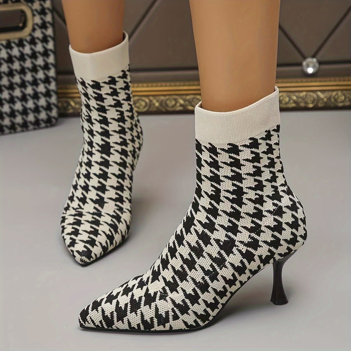 Chic Women's Stiletto Heel Booties - Comfortable, Slip-On with Pointed Toe & Durable Rubber Sole, Houndstooth Pattern