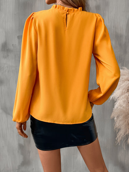 Blusa con mangas abullonadas de un solo color, cuello redondo con volantes, corte relajado, tejido transpirable, perfecta para primavera y verano, ropa informal de mujer para uso diario