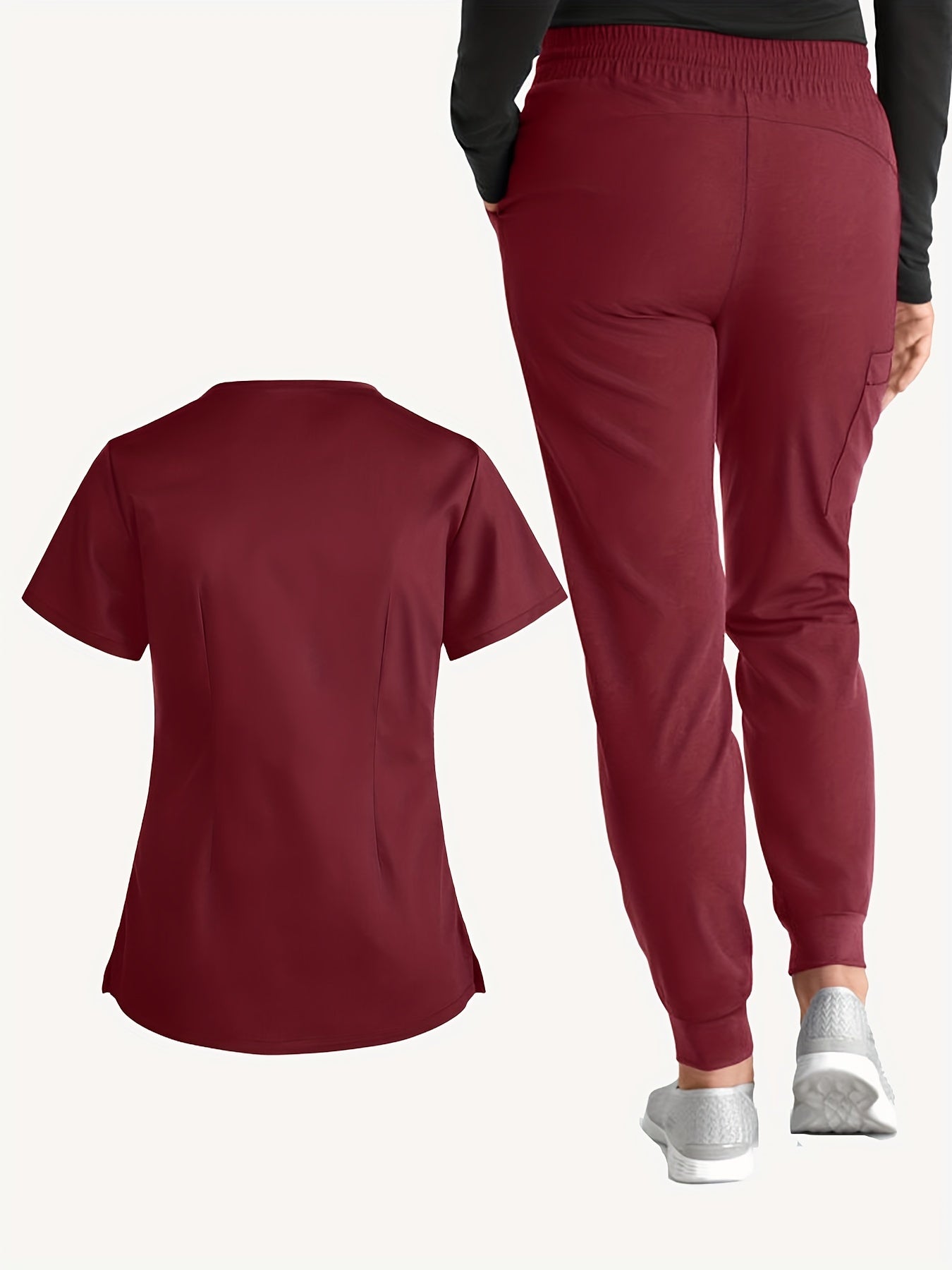 Stylish Solid Two-Piece Scrub Set - Women's Medical Uniform, Elegant V-Neck Short Sleeve Top & Drawstring Pants Outfit with Comfortable Fabric for Healthcare Professionals - Easy Care, Breathable, and Relaxed Fit