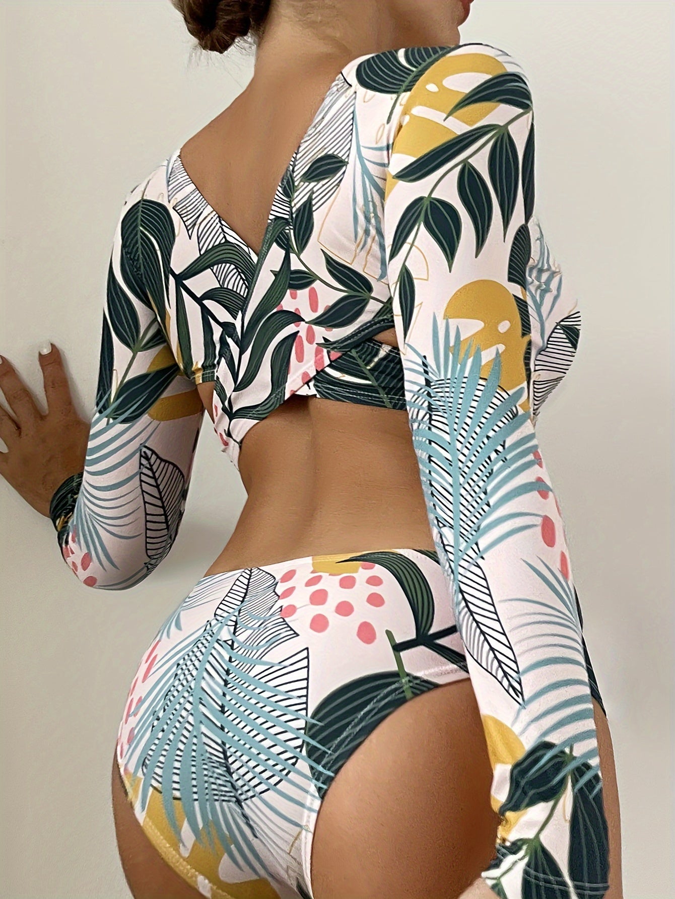 Tropical Print One-piece Swimsuit, Crew Neck Long Sleeves Backless High Cut -  Polyester & Spandex - For Women