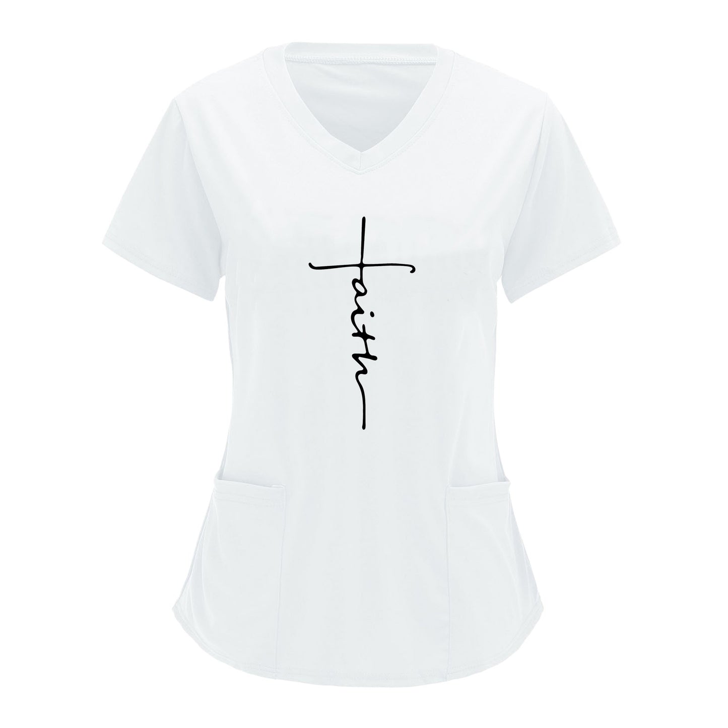 Fashionable women's V-neck scrubs top with "faith" letter print, short sleeves and patch pockets for healthcare professionals.