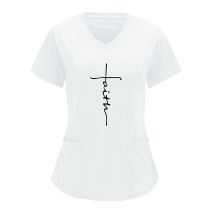 Fashionable women's V-neck scrubs top with "faith" letter print, short sleeves and patch pockets for healthcare professionals.