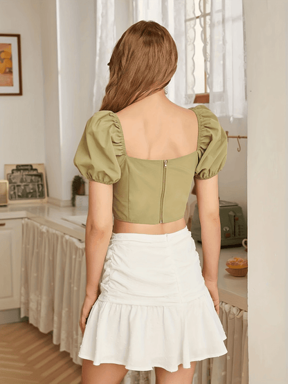 Solid Ruched Blouse, Elegant Puff Sleeve Drawstring Blouse, Women's Clothing