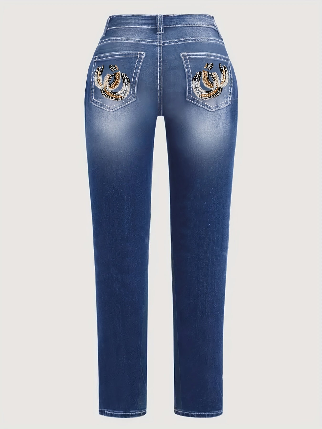 Pantalones vaqueros ajustados con bigotes bordados y estilo de talla grande: ropa vaquera retro para mujer con detalle de bolsillo trasero: pantalones de moda en azul lavado para figuras con curvas