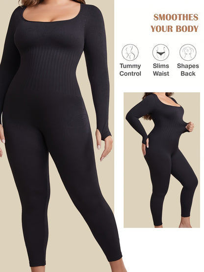 Plus Size Seamless Yoga Bodysuit - High Stretch, Long Sleeve, Solid Color Activewear Jumpsuit