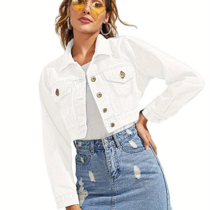 Women's Cropped Long-Sleeve Button-Down Denim Jacket with Pockets