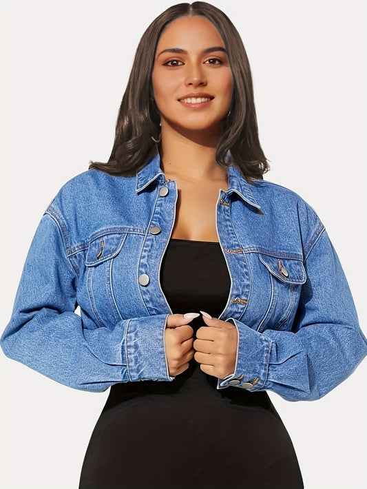 Women's Chic Collared Denim Jacket - Casual, Easy-Care, Long Sleeve, Single-Breasted Coat with Stylish Flap Design