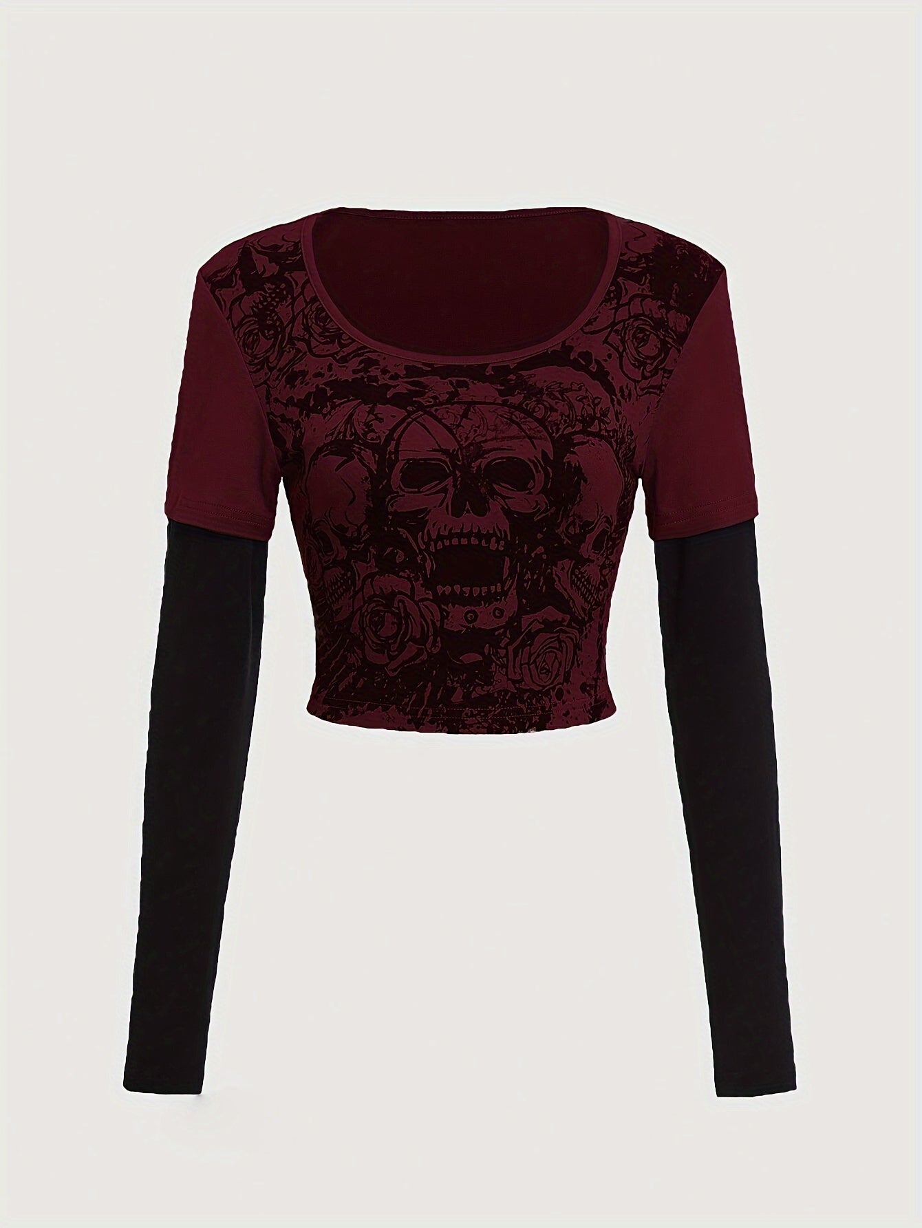 Camiseta de manga larga con estampado de bloques de color para mujer: cuello redondo, muy elástica, lavable a máquina, perfecta para otoño/invierno