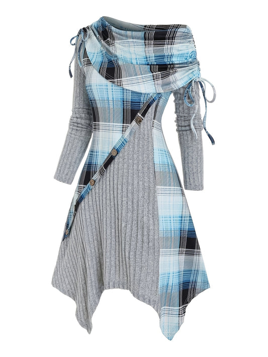 Vintage Elegance Plaid Dress - Asymmetrical Cowl Neck, Mid-Elastic Long Sleeve