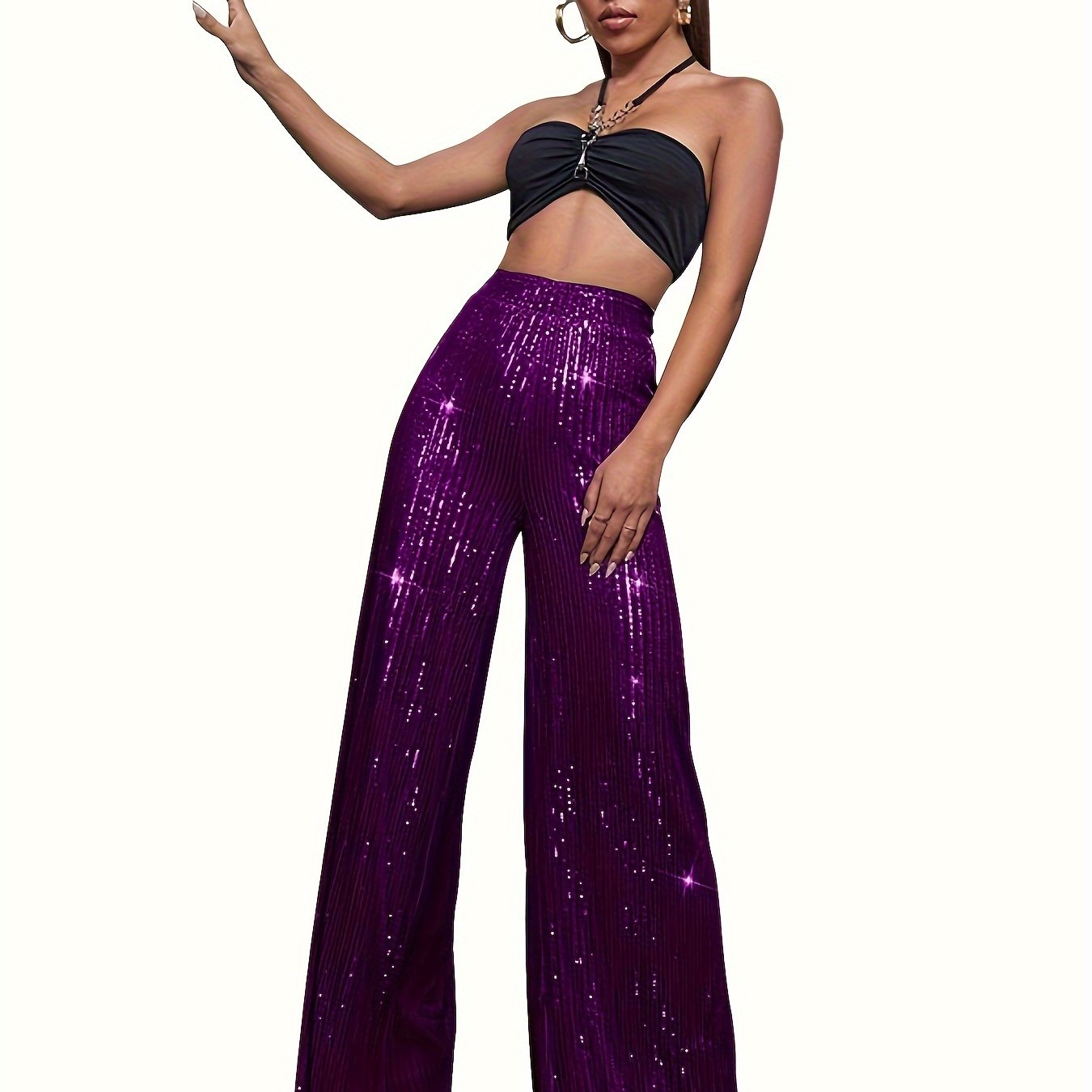 Sequin Decor Wide Leg Pants, Elegant High Waist Loose Pants For Party & Club, Women's Clothing