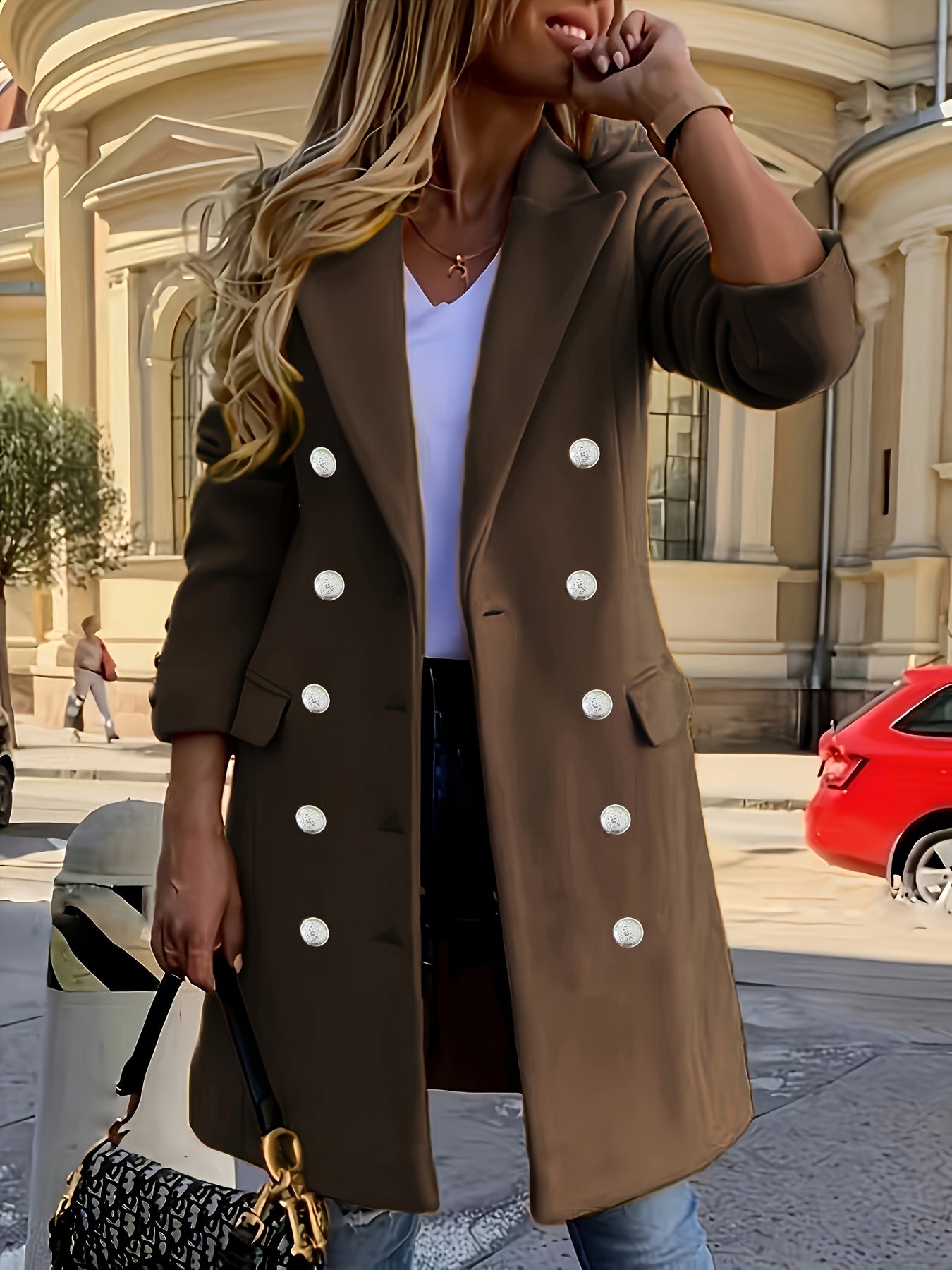 Double-breasted Notched Collar Coat, Elegant Long Sleeve Coat For Fall & Winter, Women's Clothing