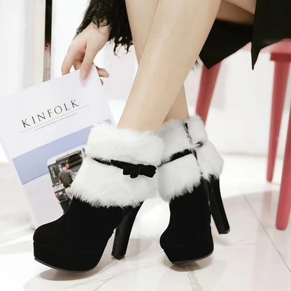 Chic Bowknot Decor Women's Short Boots - Plush Lined, Round Toe, High Block Heel with Side Zipper, Perfect for Winter & Christmas - LuxyXO