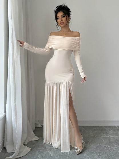 Women's Solid Color Off-Shoulder Long Sleeve Split Pleated Dress