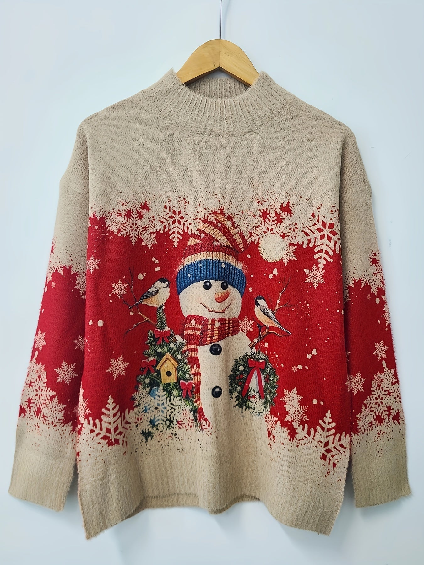 Cozy Winter Essential: Women's Snowman Pattern Crew Neck Long Sleeve Sweater for Fall & Winter