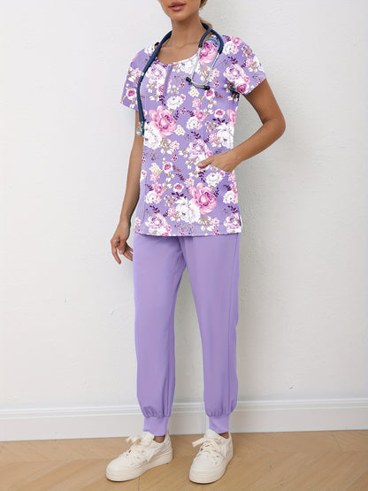 Womens Trendy Floral Print Two-Piece Scrub Set - Comfortable & Professional Medical Outfit with Functional V-Neck Top & Adjustable Pants