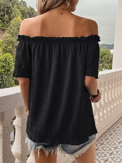 Blusa con hombros descubiertos y volantes elegantes, manga corta, color liso, esencial para primavera y verano: ropa de mujer con estilo elegante