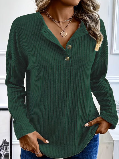 Plus Size Solid Ribbed Top - Relaxed-Fit Casual Button-Front Long Sleeve Shirt for Everyday Wear - Designed for Womens Plus Size Clothing