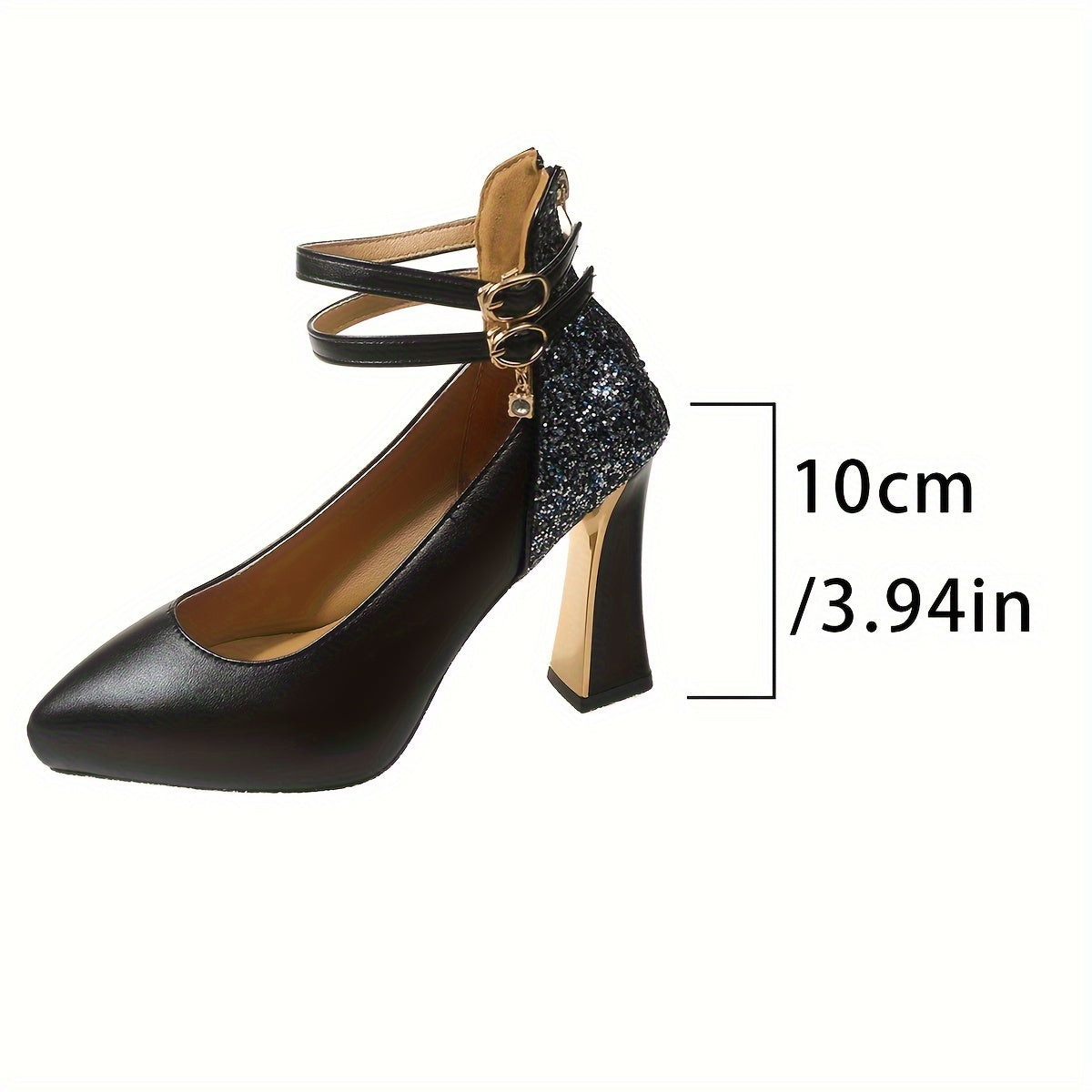 Women's Sequins Block High Heels, Platform Pointed Toe Ankle Strap Back Zipper Pumps, Fashion All-Match Dress Shoes