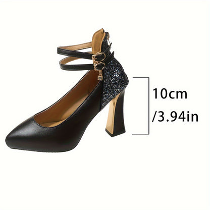 Women's Sequins Block High Heels, Platform Pointed Toe Ankle Strap Back Zipper Pumps, Fashion All-Match Dress Shoes