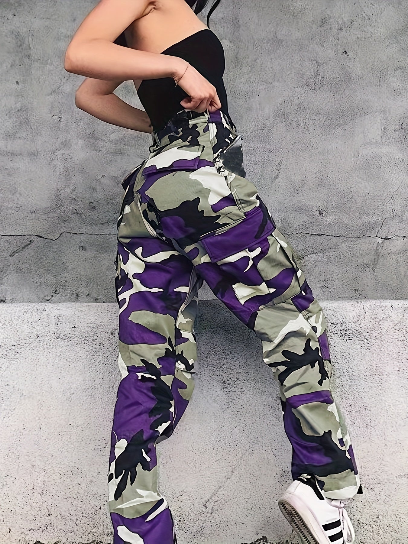 Women's Plus Size Camo Cargo Pants - Stretch Denim with Flap Pockets, Casual Streetwear Style, Machine Washable